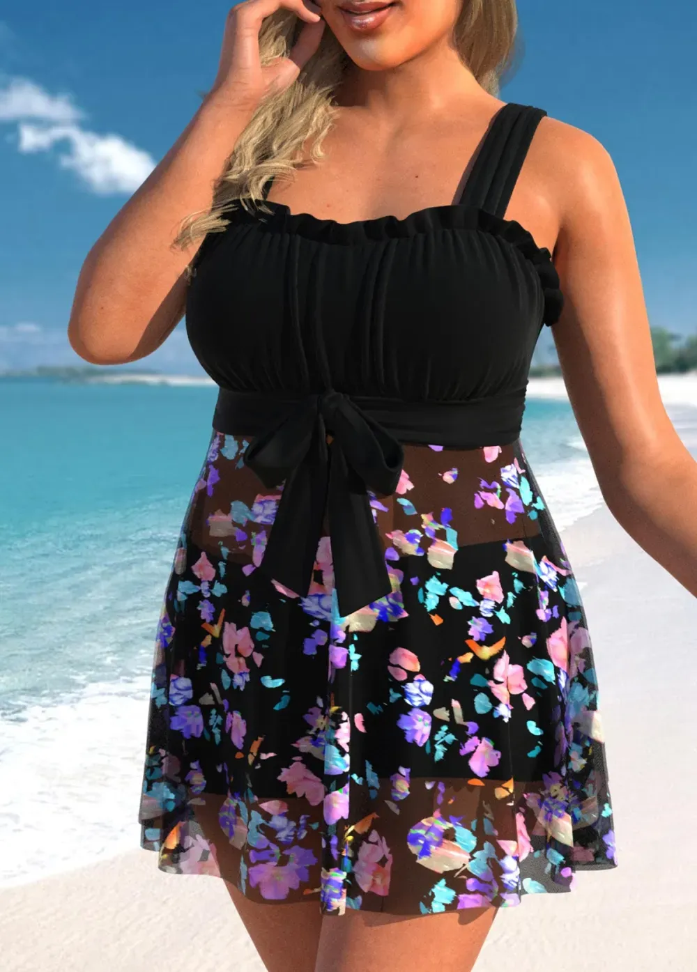 Bowknot Floral Print Black Swimdress Top