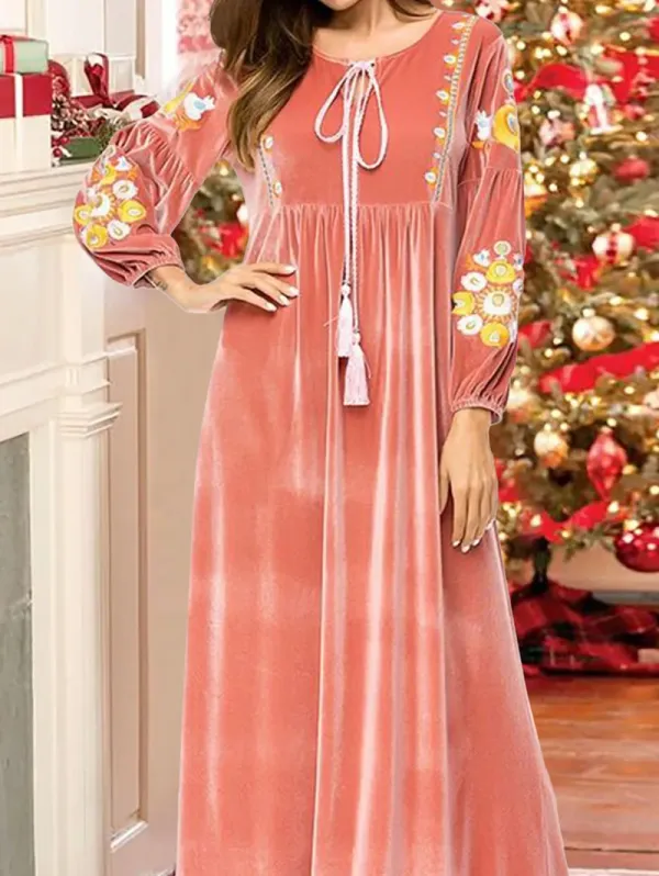 Casual Boho Crew Neck Lace Up Fold Velvet Midi Dress