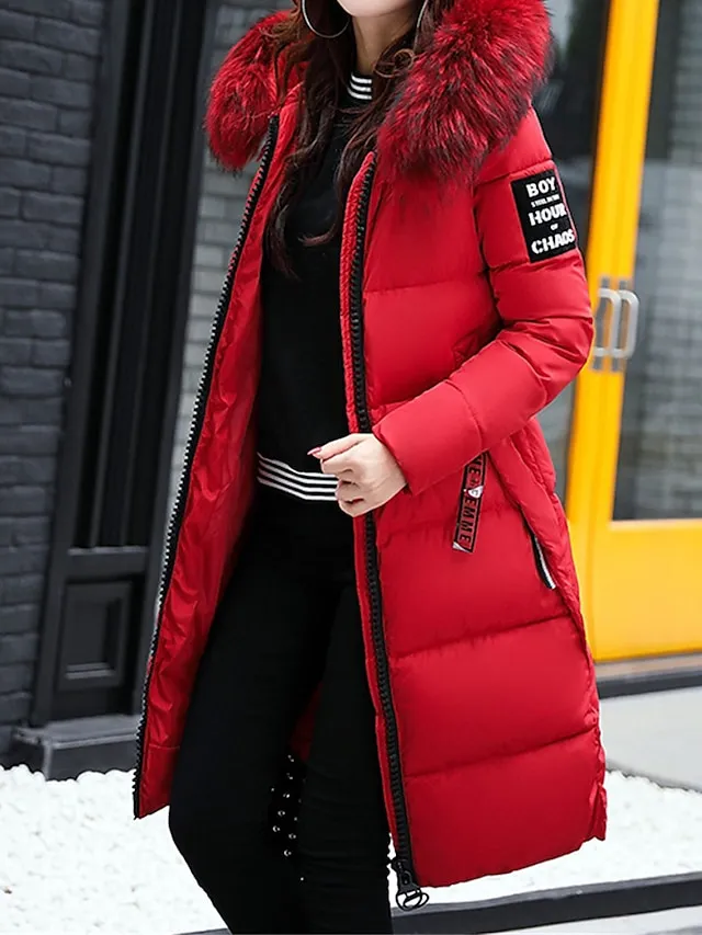 Women's Parka Long Puffer Jacket Winter Coat Zip up Hooded Coat with Fur Collar Thermal Warm Heated Coat Fall Brown Maillard Outerwear with Pockets Warm Classic Long Sleeve Fall Red