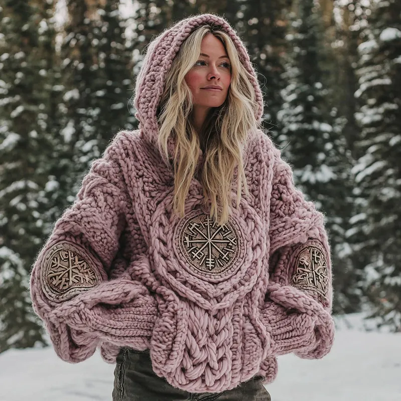 Women's Viking Vegvisir Rune Knit Hooded Sweater