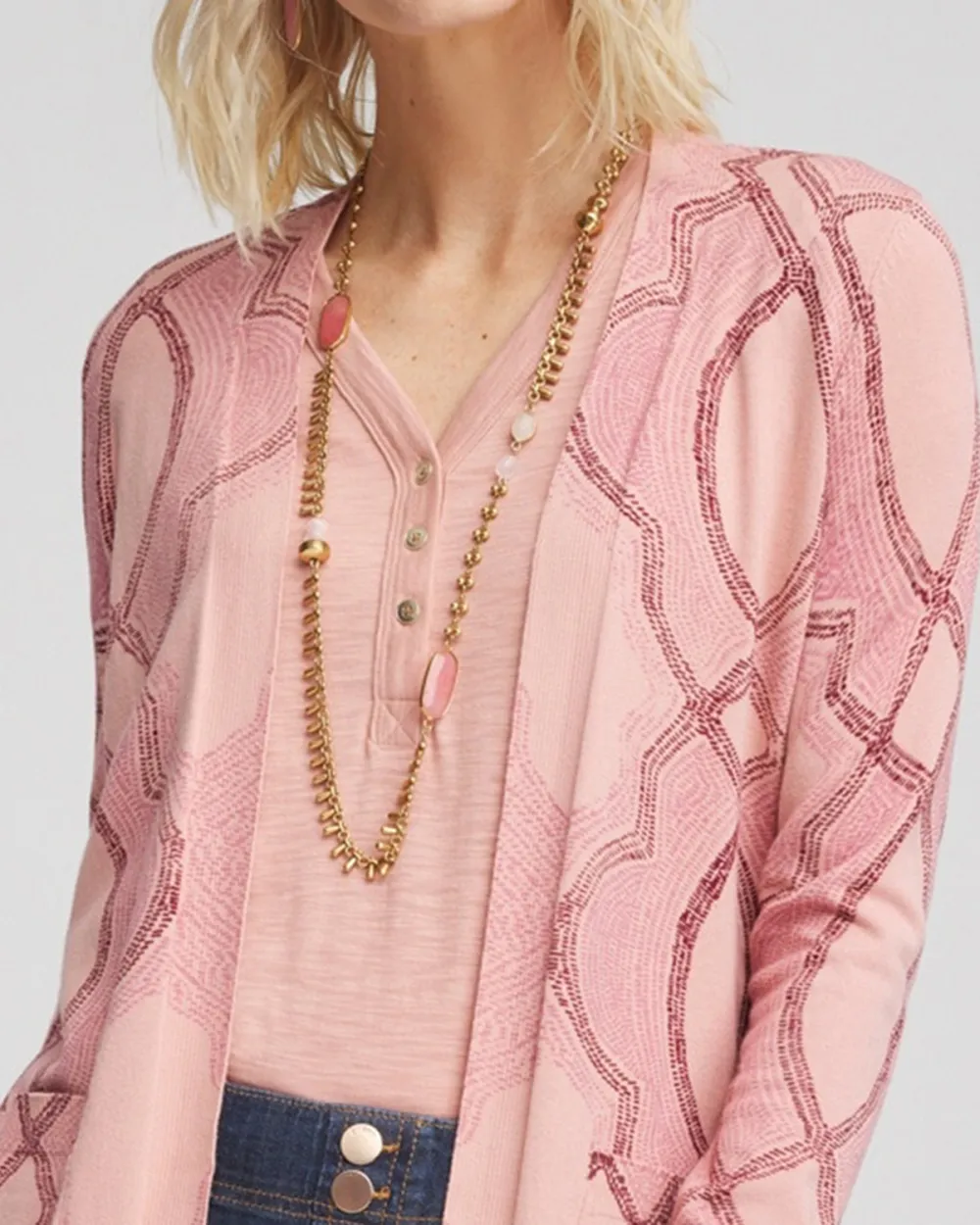 Pink Open Front Long Sleeve Cardigan