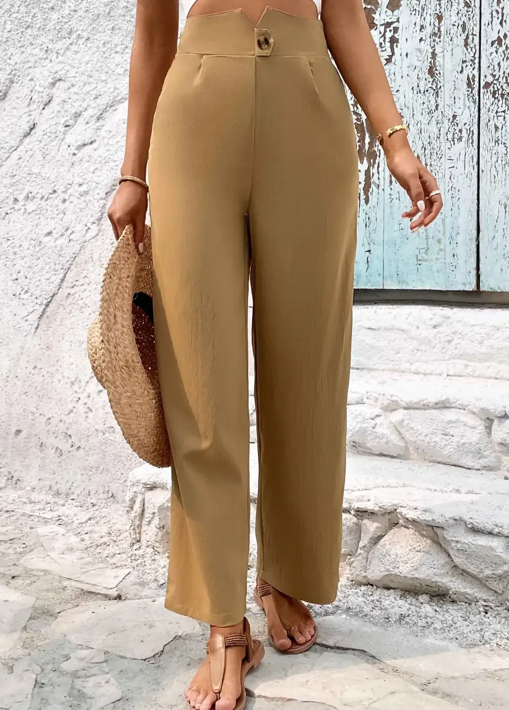 Light Camel Button High Waisted Pants