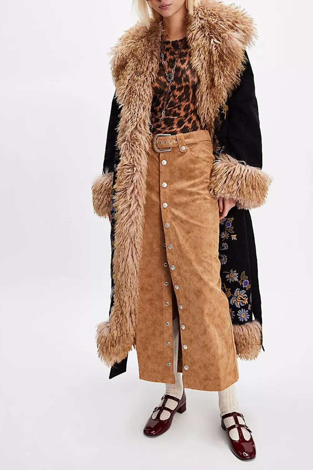 Corduroy Button Front Midi Skirt