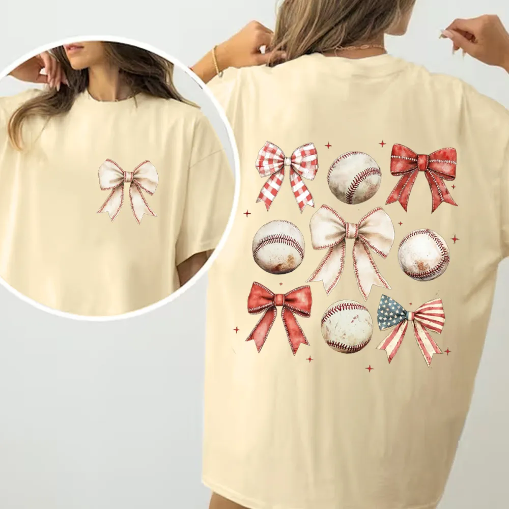 Red And White Plaid, Red, Beige, Bows With American Flag Elements And Several Baseball Patterns, Surrounded By Star Combination Patterns, Casual T-Shirt.