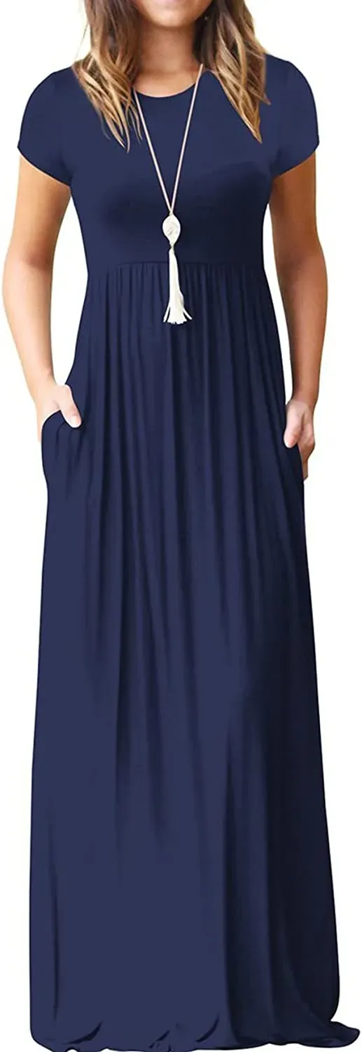 Women's Short Sleeve Loose Plain Maxi Dresses Casual Long Dresses with Pockets