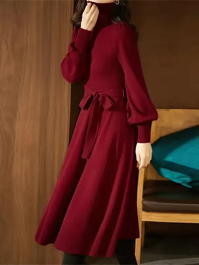 Women's Red Christmas Dress Sweater Dress Jumper Dress Midi Dress Warm Fashion Casual Plain Outdoor Christmas Daily Vacation Turtleneck Long Sleeve Lace up 2023 Regular Fit Black Wine Blue One Size