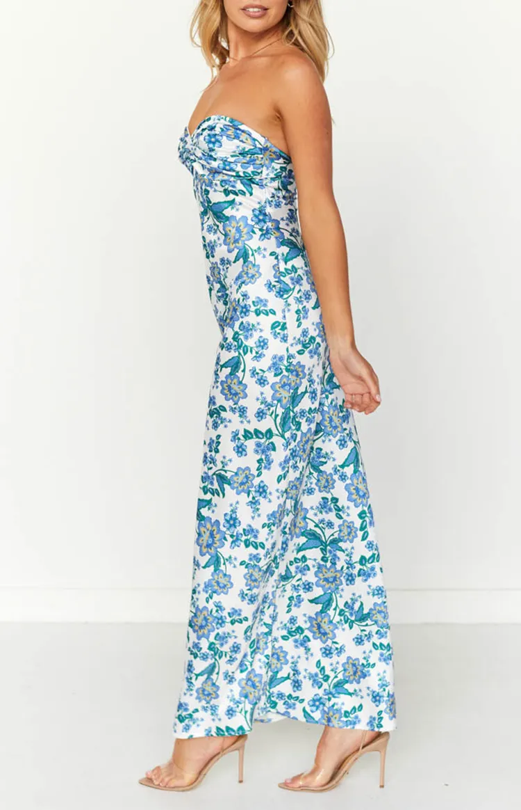 Blue Floral Print Strapless Formal Dresses