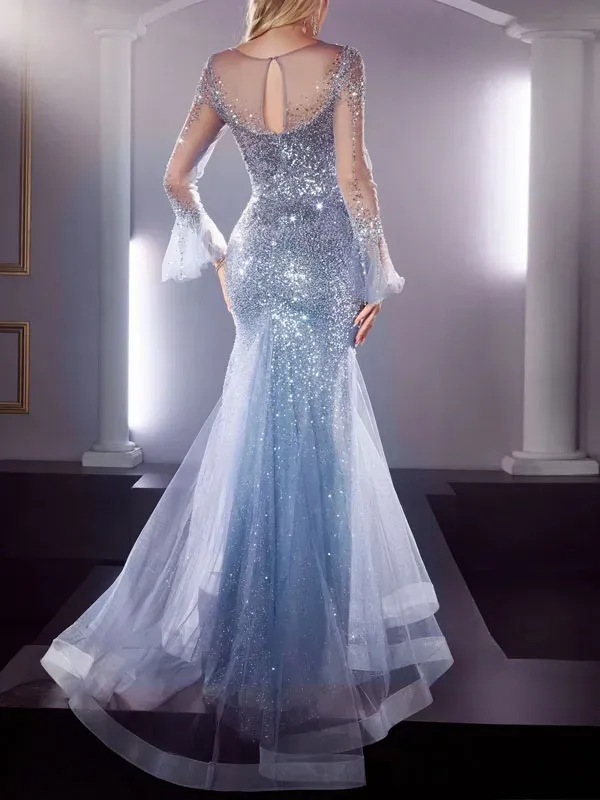 Embellished Bell-sleeve Mermaid Ladies Dress