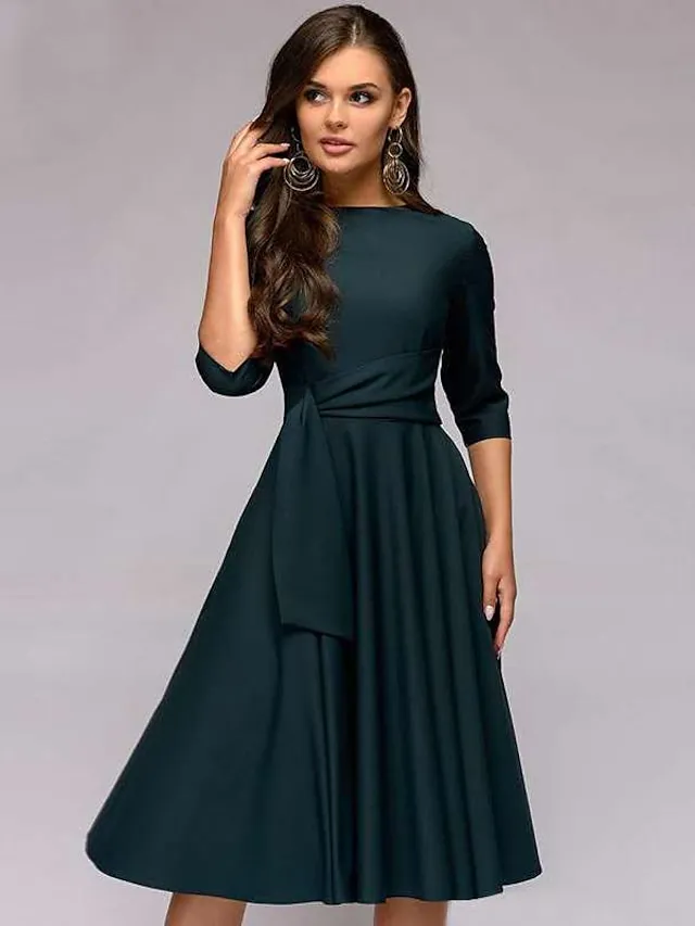 Women's A Line Dress Knee Length Dress Dark Green Navy Blue Beige 3/4 Length Sleeve Pure Color Lace up Fall Spring Round Neck Stylish Elegant Casual Party Slim 2023 S M L XL XXL