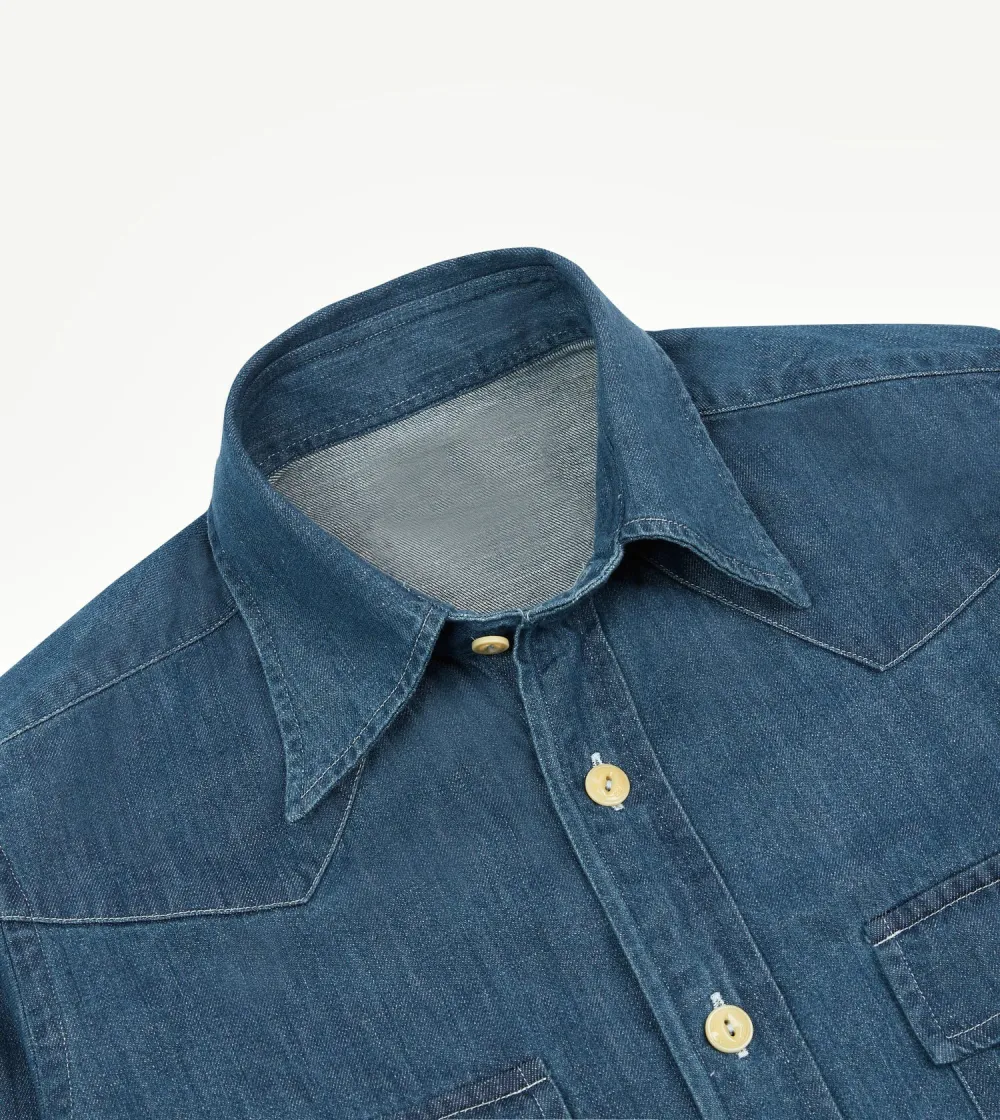 Stone Wash Denim Two-Pocket Western Shirt Casual Style