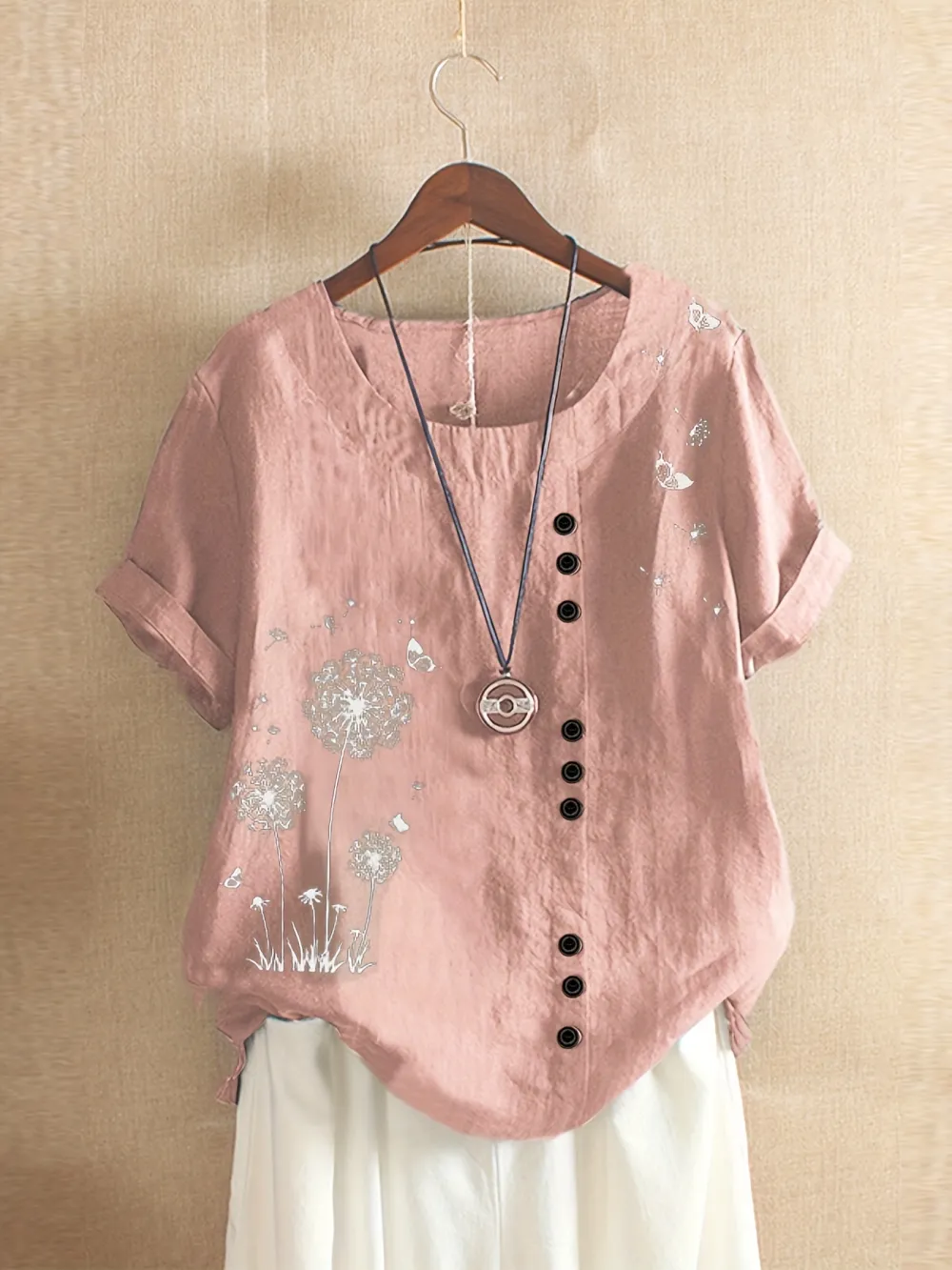 Women's Plus Dandelion Print Tee, Short Sleeve, Casual, Round Neck, Plus Size