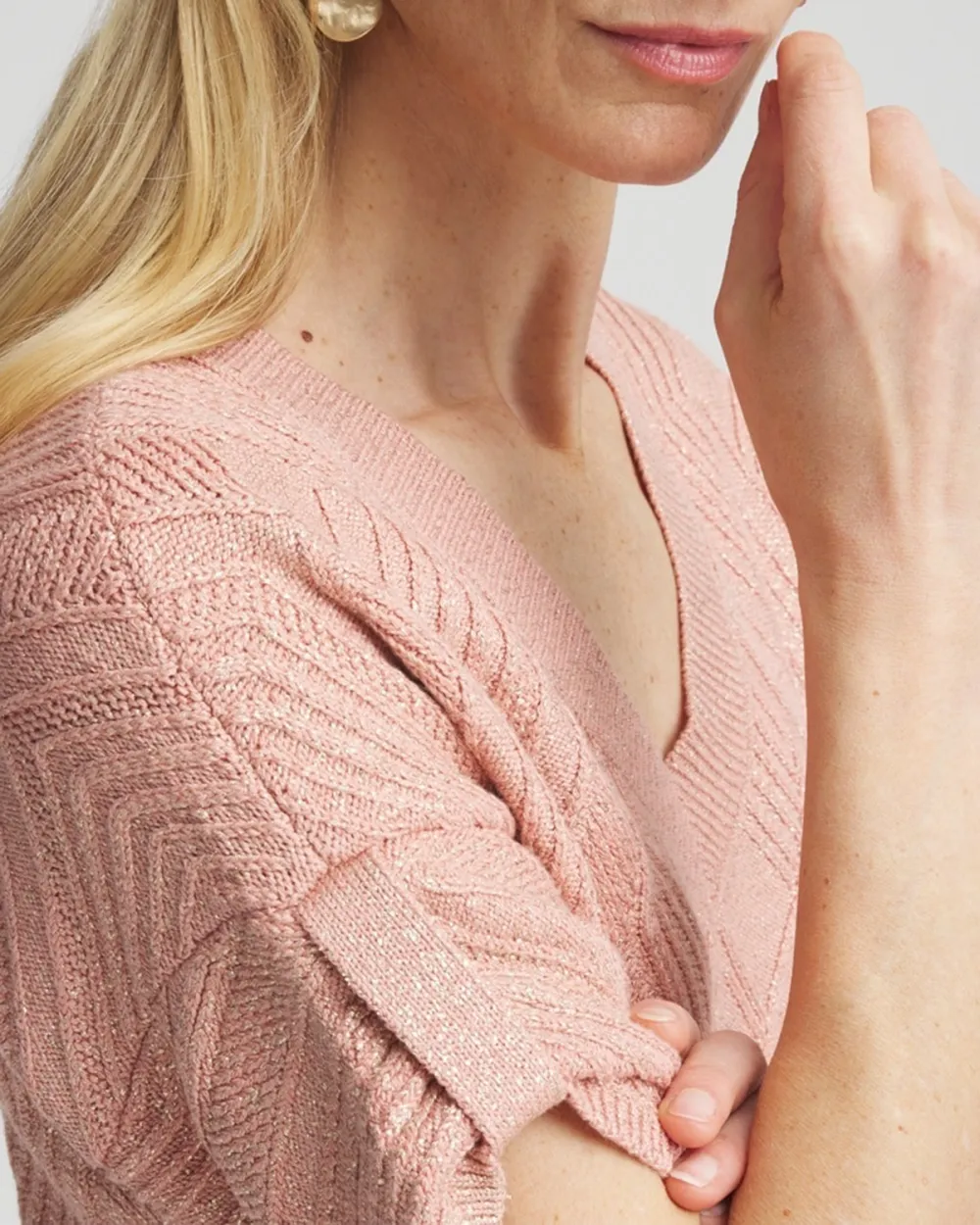 Pink V-Neck Cable Knit Short Sleeve Sweater