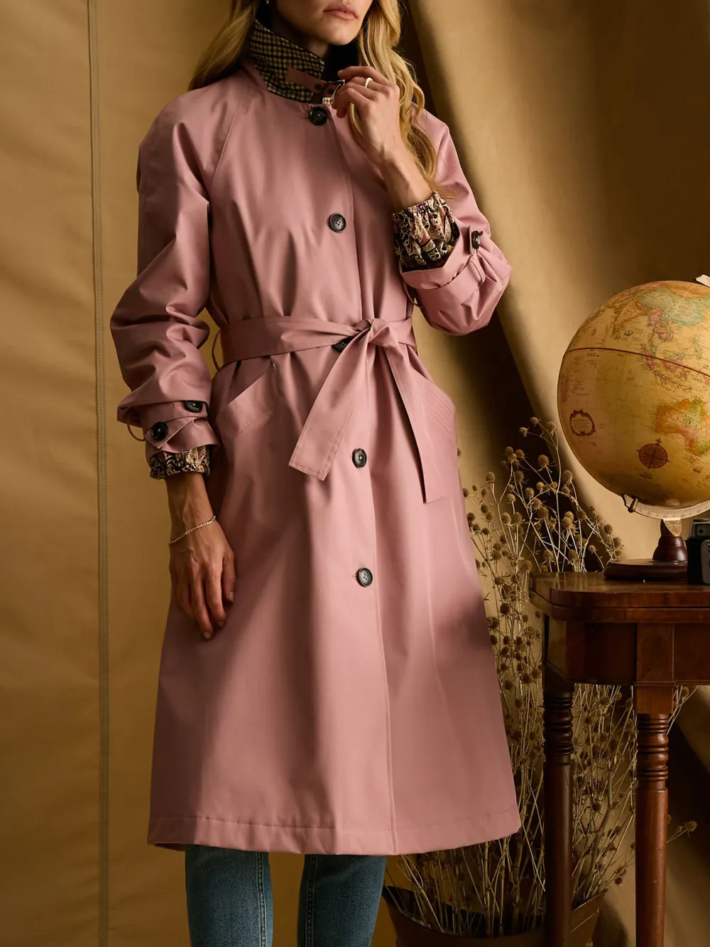Pink Waterproof Belted Trench Coat