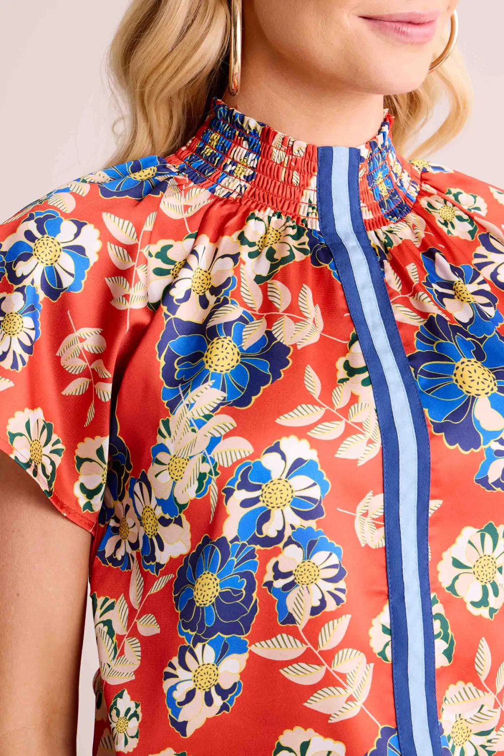Red Floral Print Stand Collar Short Sleeve Top