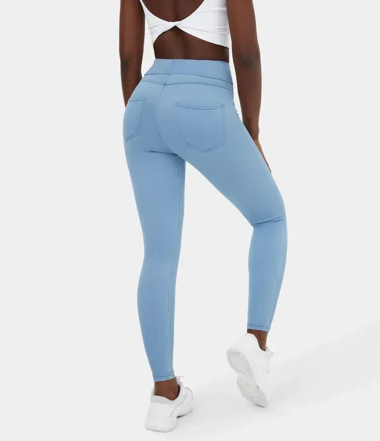 High Waisted Back Side Pocket Stretchy Knit Denim Casual Leggings