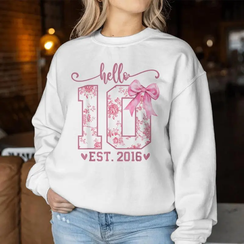 Hello Ten Est 2016 10Th Birthday Coquette Bow 10 Year Girl Women Sweatshirt