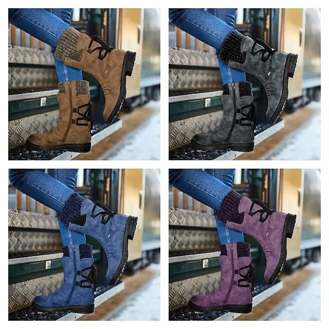 Women's Boots Snow Boots Sweater Boots Plus Size Outdoor Daily Mid Calf Boots Winter Lace-up Flat Heel Round Toe Casual Faux Leather Zipper Black Red Blue