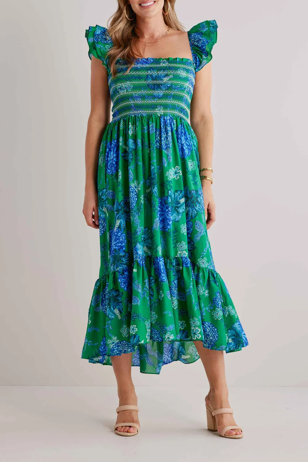 Green Ruffled Hem Flared Maxi Dress