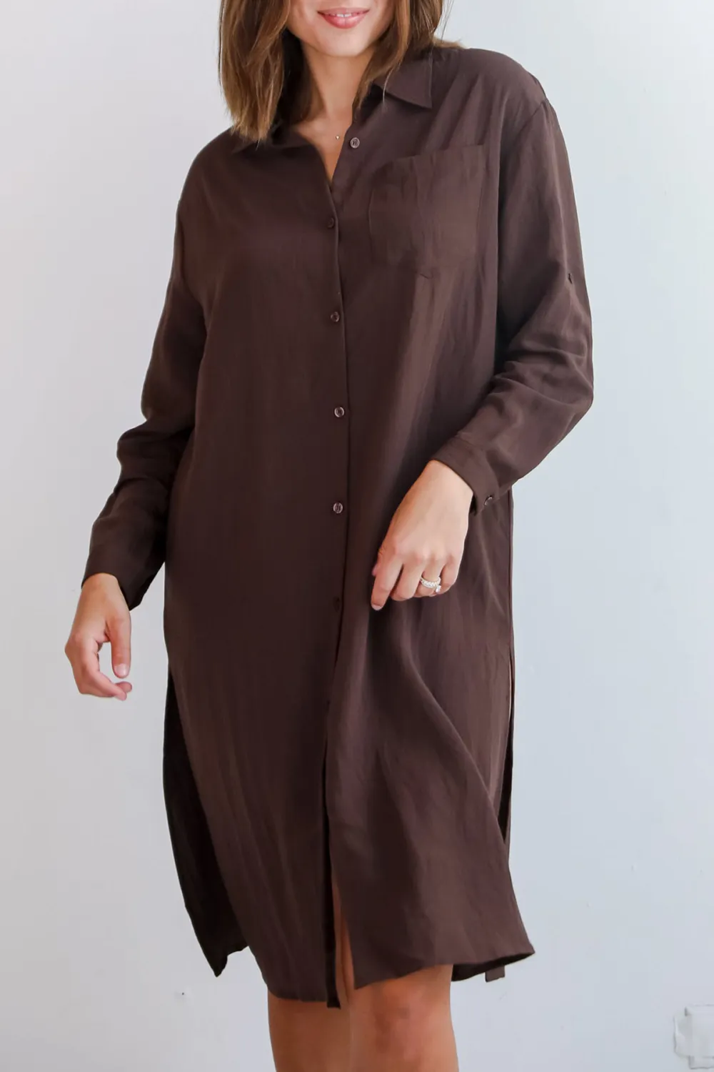 Cherished Chicness Brown Button Front Midi Dress