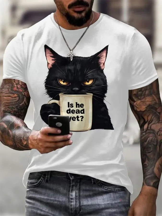 Men'S T-Shirt Men'S Casual CAT Fdt Shirt Pattern Letter-Printed Round Neck Pure Cotton