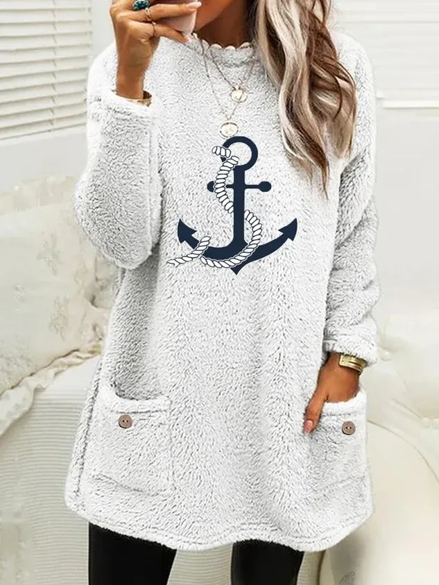 Women Anchor Crew Neck Long Sleeve Comfy Casual Midi Dress