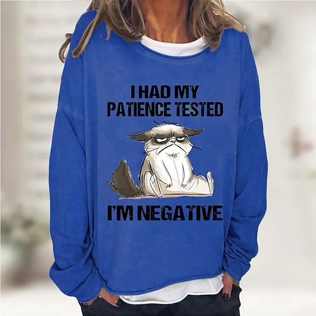 Women's Sweatshirt Pullover Active Sports Streetwear Black Pink Red Cat I HAD MY PATIENCE TESTED Oversized Sports Round Neck Long Sleeve Micro-elastic Fall & Winter