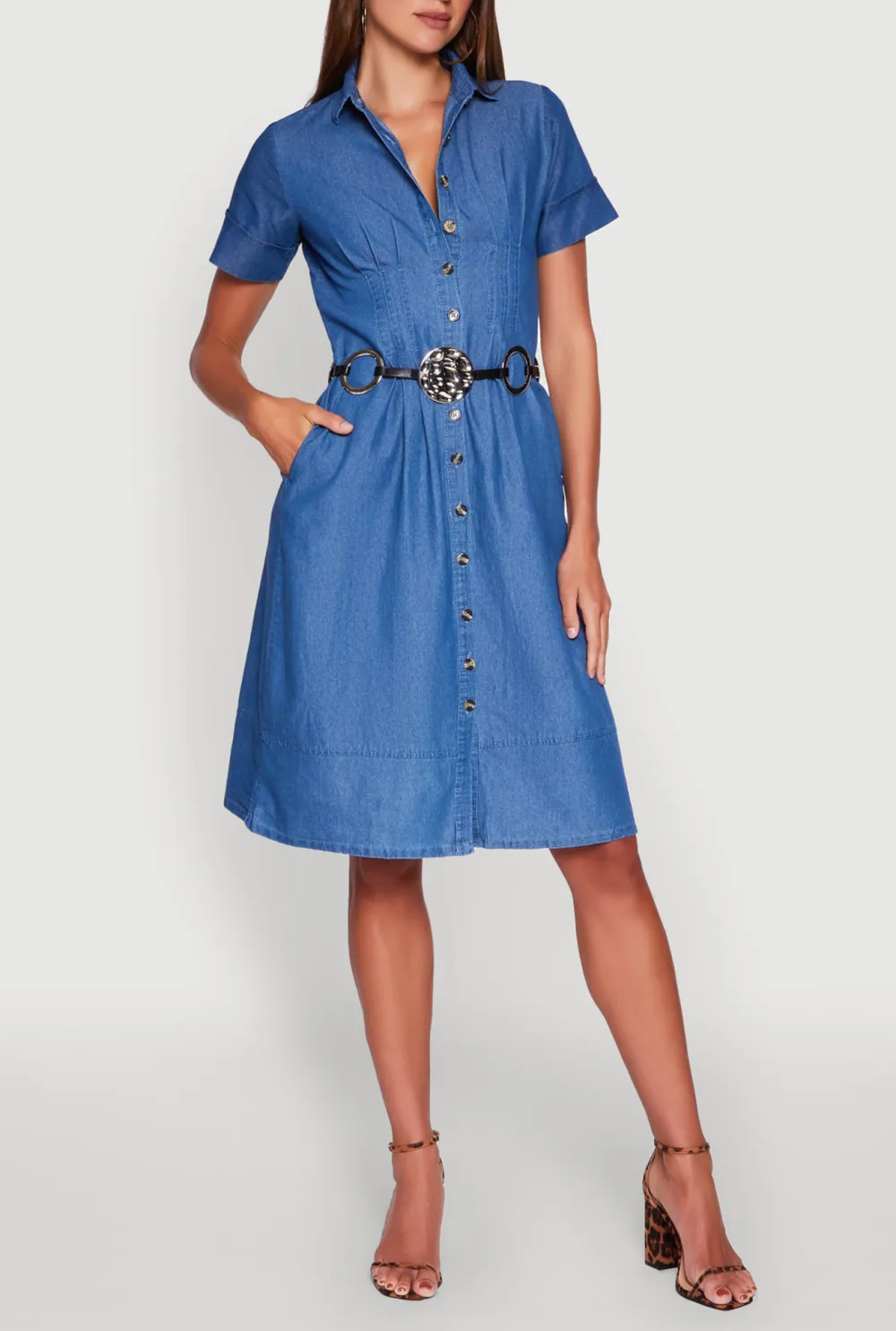 Solid Color Short Sleeved Lapel Dress