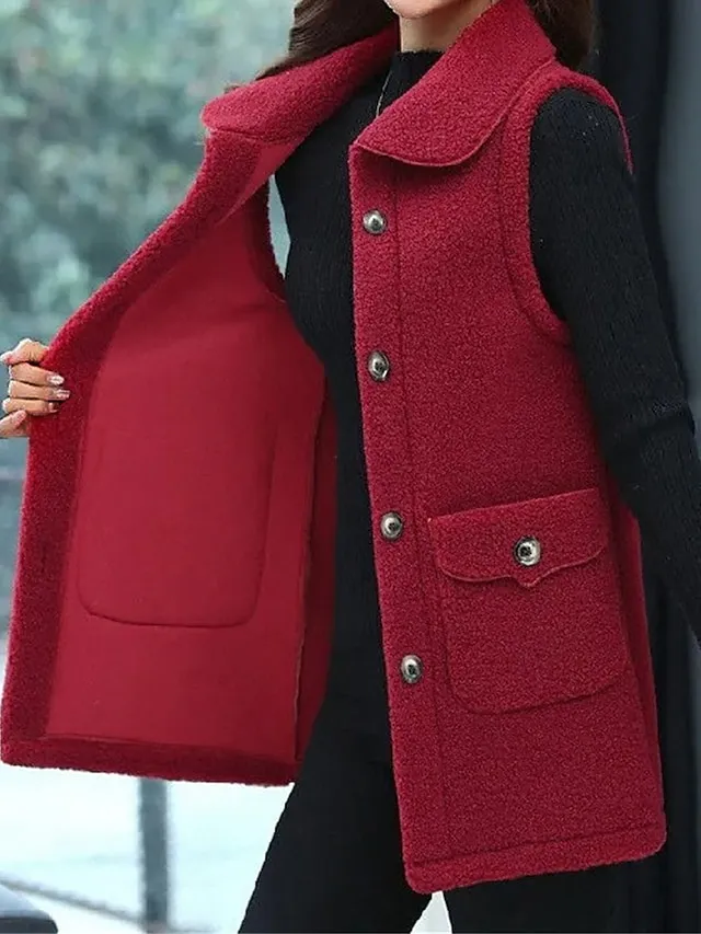 Women's Teddy Vest Long Teddy Coat Fall Sherpa Jacket Fleece Warm Zipper Vest with Pockets Winter Long Coat Windproof Warm Modern Style Sleeveless Plain Pink Red Khaki