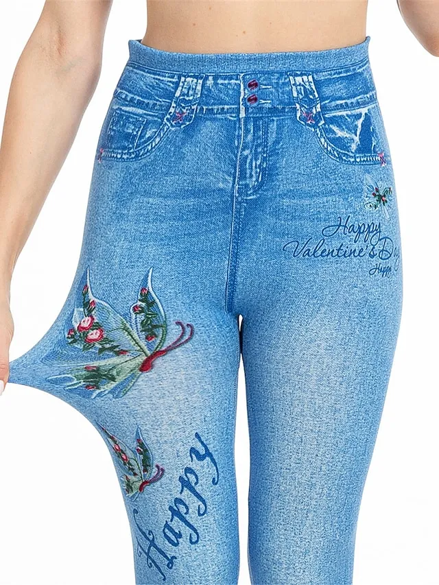 Women's Slim Pants Trousers Leggings Full Length Faux Denim Pocket High Cut High Elasticity High Waist Fashion Streetwear Street Causal Lake Blue Royal Blue S M Summer Fall