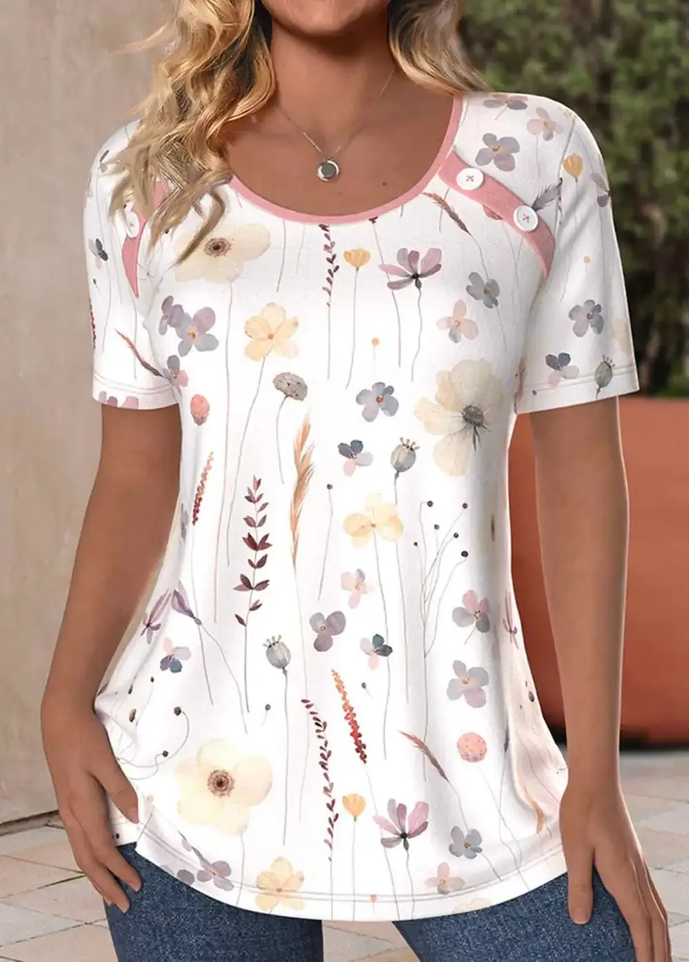 White Button Floral Print Short Sleeve T Shirt