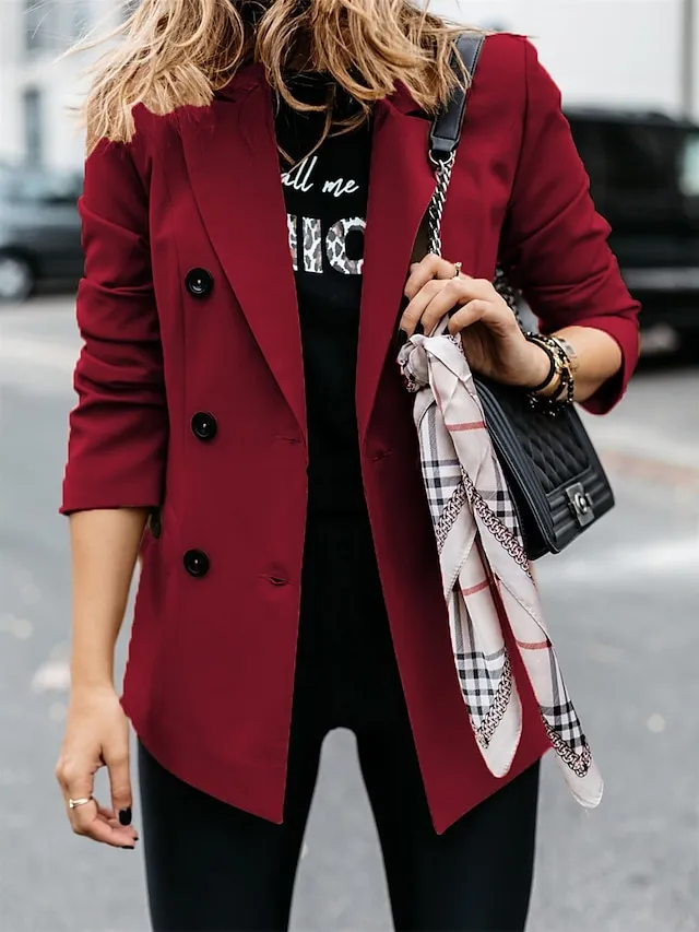 Women's Blazer Outdoor Button Solid Color Warm Fashion Regular Fit Outerwear Long Sleeve Fall Light Blue S