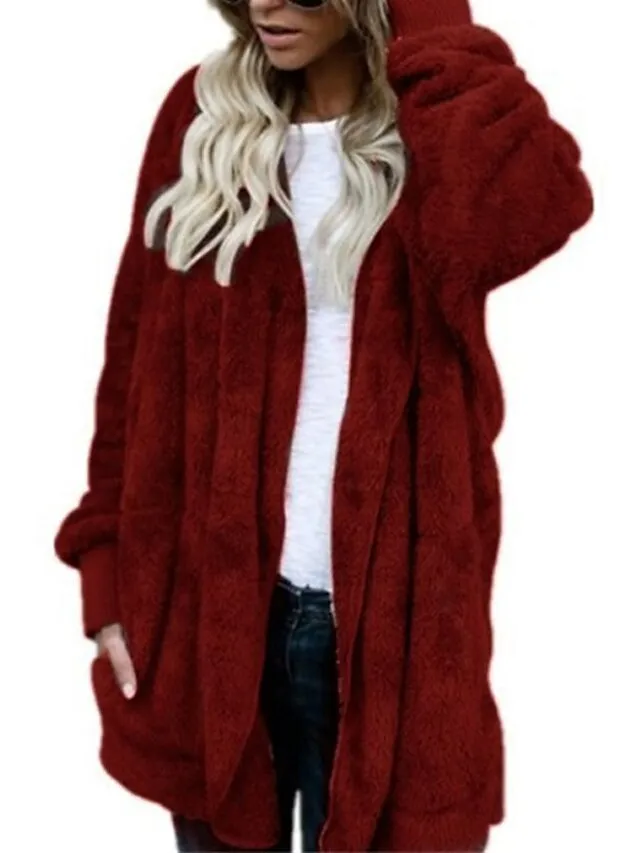 Women's Sherpa Jacket Fleece Teddy Coat Windproof Warm Maillard Home Daily Wear Vacation Going out Pocket Cardigan Hoodie Ordinary Modern Plush Solid Color Regular Fit Outerwear Long Sleeve