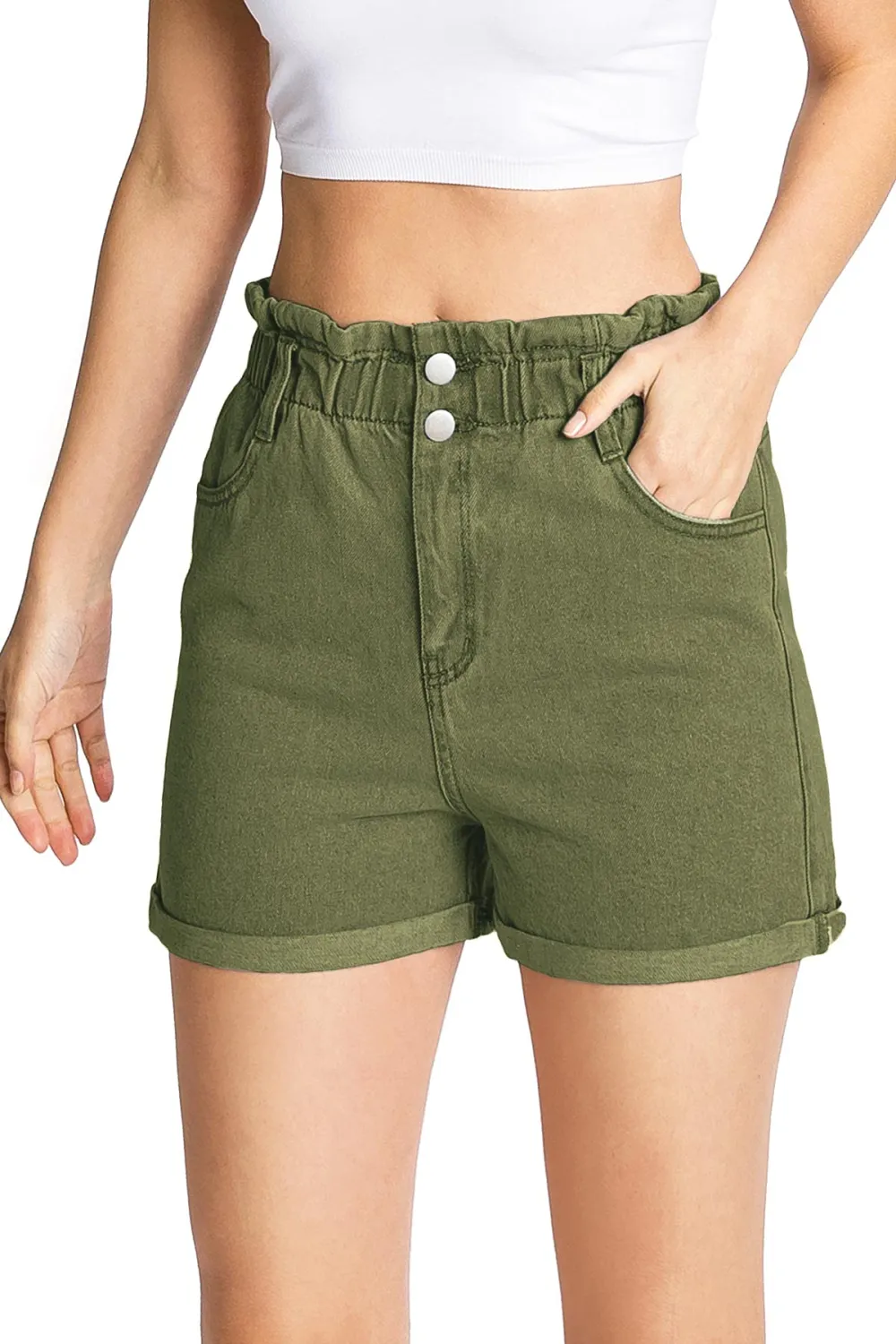 Light Wash Cuffed High - Waist Denim Shorts