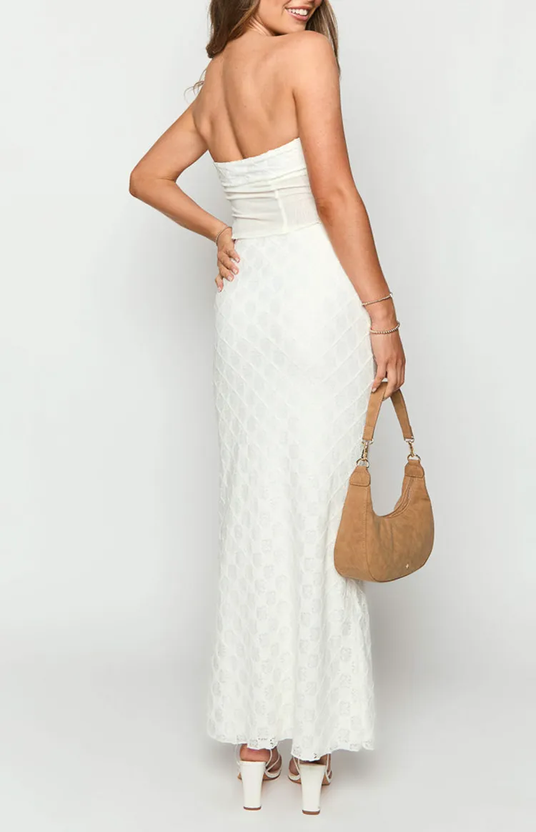 White Textured High Waist Midi Skirt