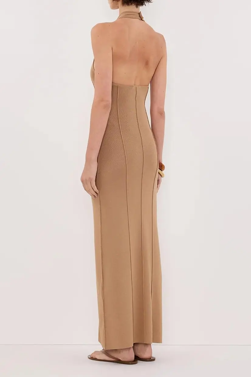 TAN HALTER KNIT MAXI DRESS