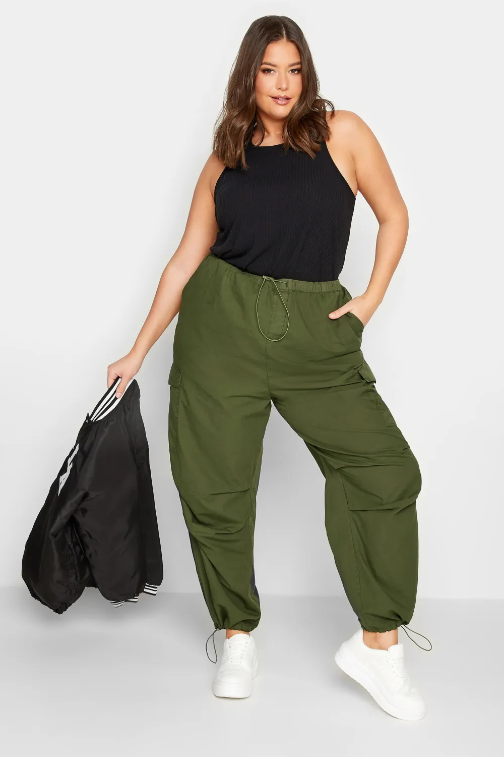 YOURS Curve Khaki Green Cargo Parachute Trousers