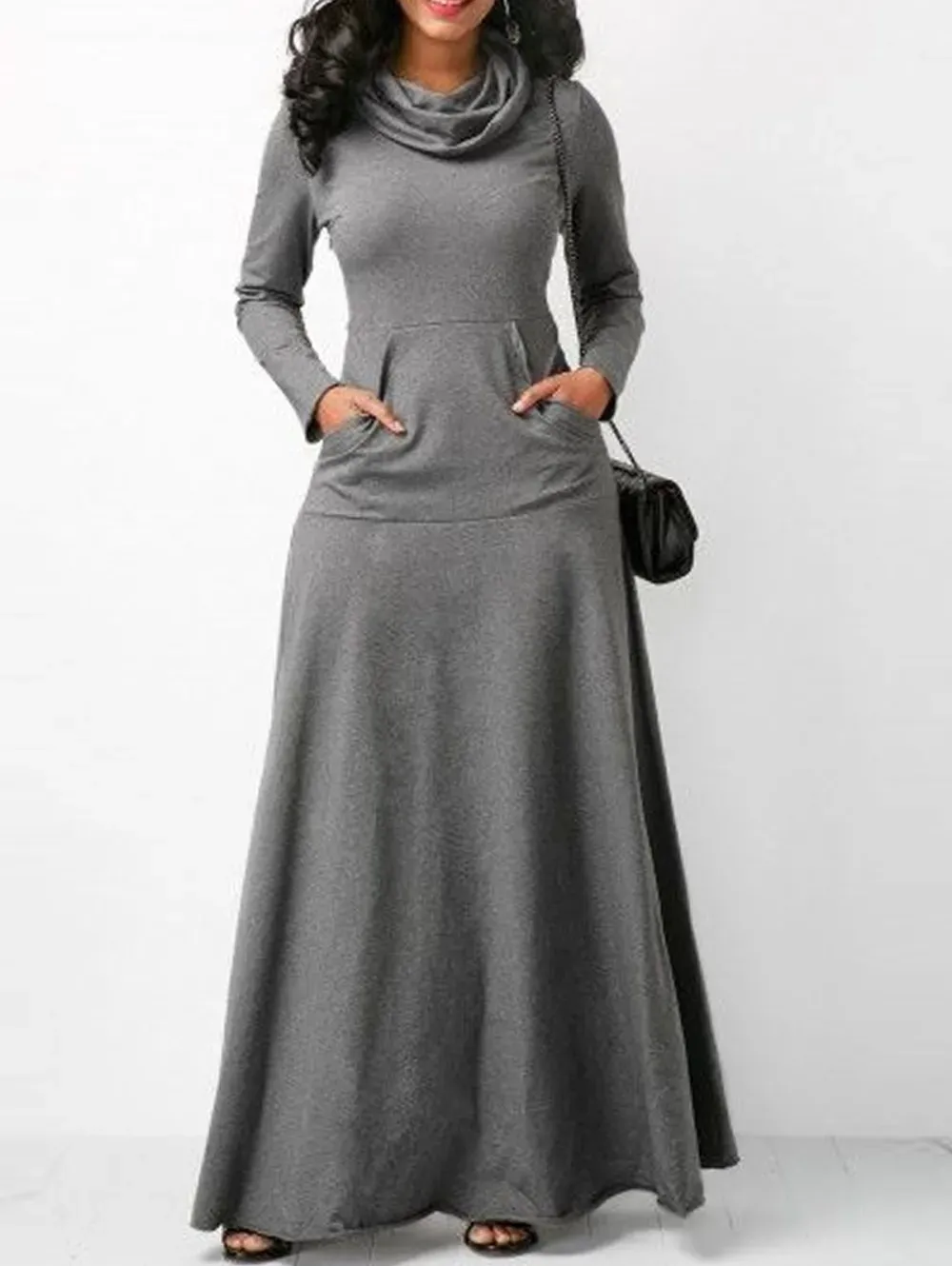 Casual Cowl Neck Pocket Long Sleeve Plain Maxi Dress