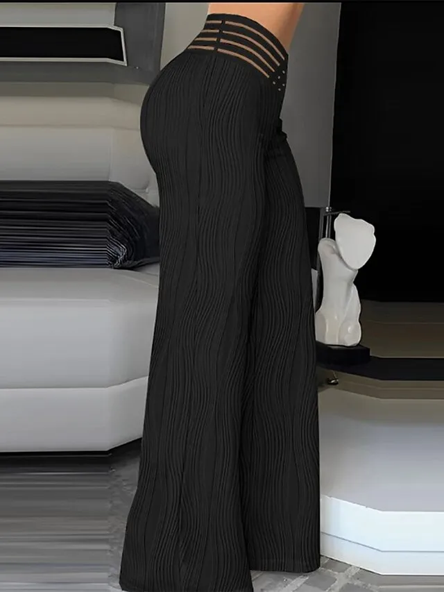 Women's Bell Bottom Wide Leg Pants Trousers Full Length High Cut Hole Micro-elastic High Waist Fashion Streetwear Party Street Black White S M Summer Fall