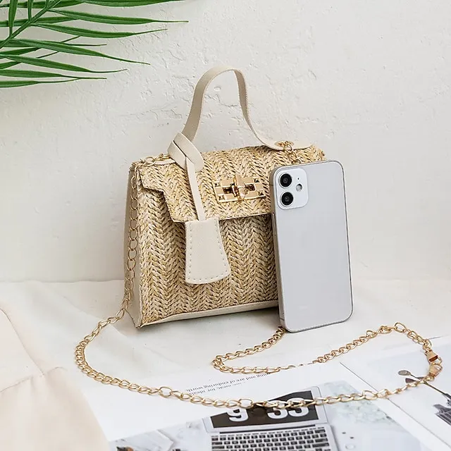 Fashion Women Straw Woven Shoulder Crossbody Messenger Bag Casual Ladies Summer Beach Vacation Chain Small Handbags Flap Purse