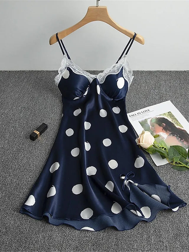 Women's Pajamas Nightgown Nightshirt Dress Dot Pure Color Simple Casual Soft Home Daily Bed Satin Breathable Straps Sleeveless Backless Chest pads Summer Spring Black White