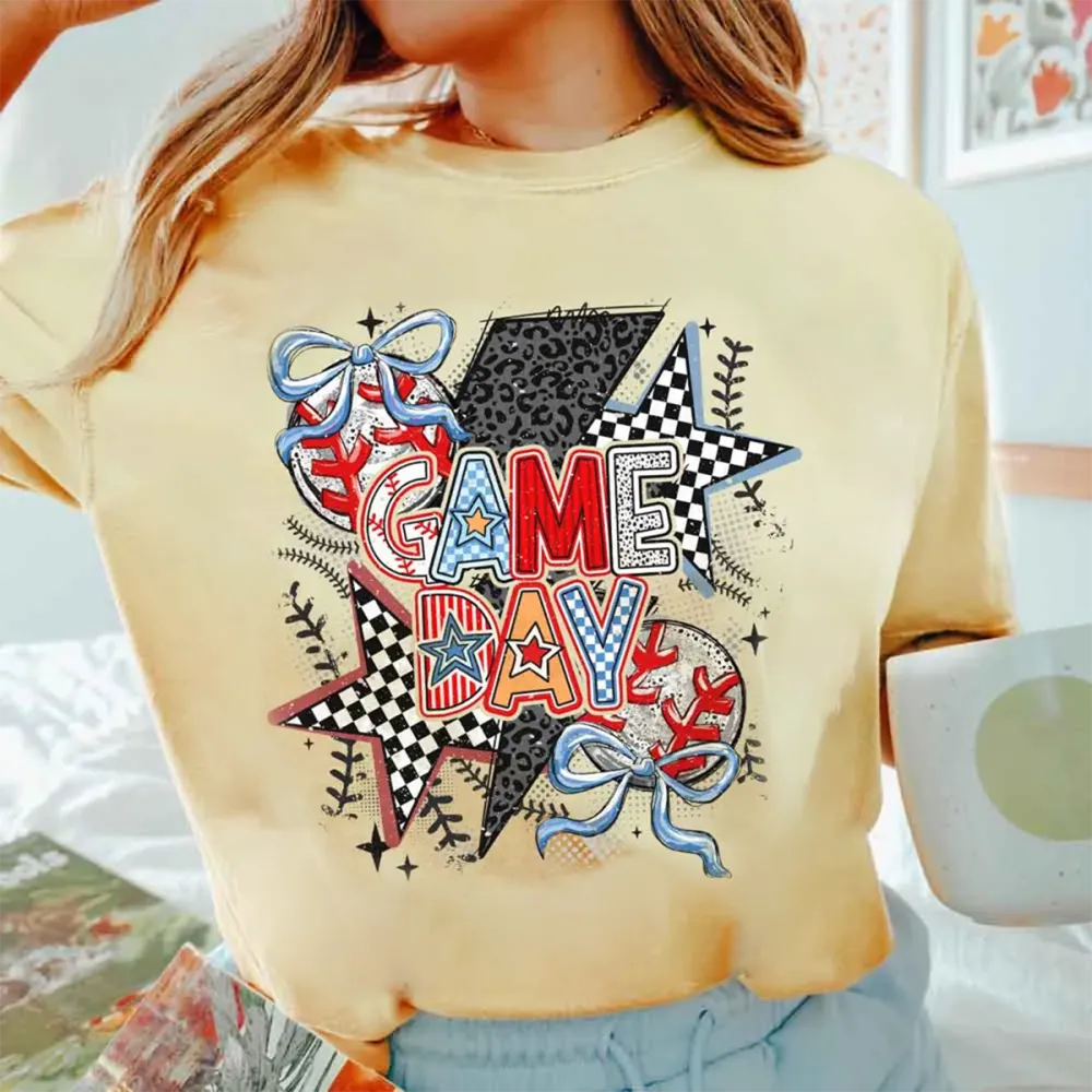 Baseball Game Day Printed Round Neck Short Sleeve T-Shirt