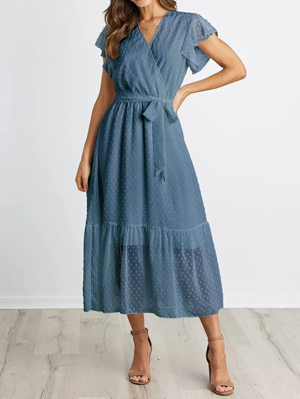 Women Summer Bohemian Floral Casual Wrap V Neck Ruffle Cap Sleeveless Belt A-Line Pleated Hem Swing Midi Sun Dress