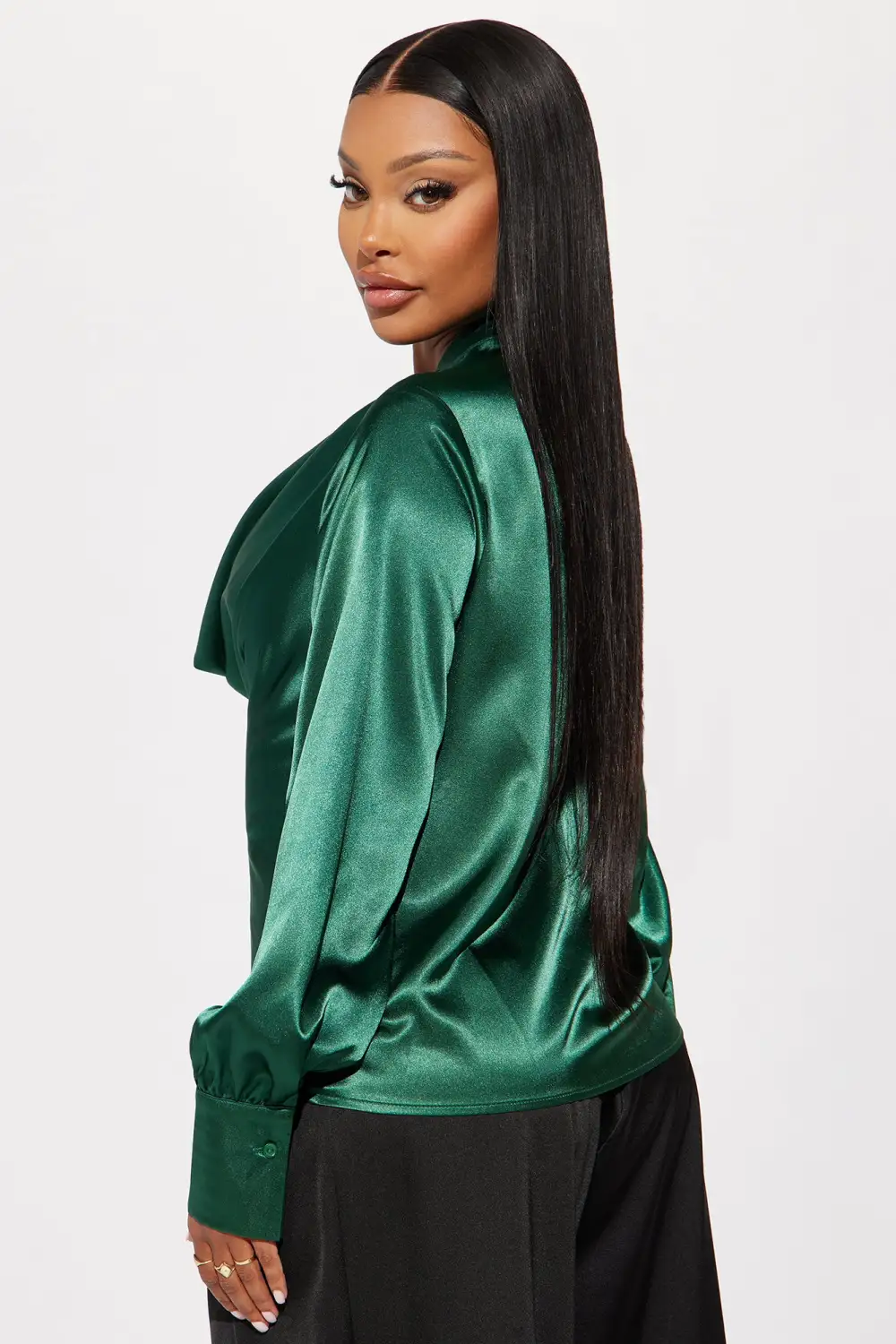 Look My Way Satin Blouse Top - Hunter