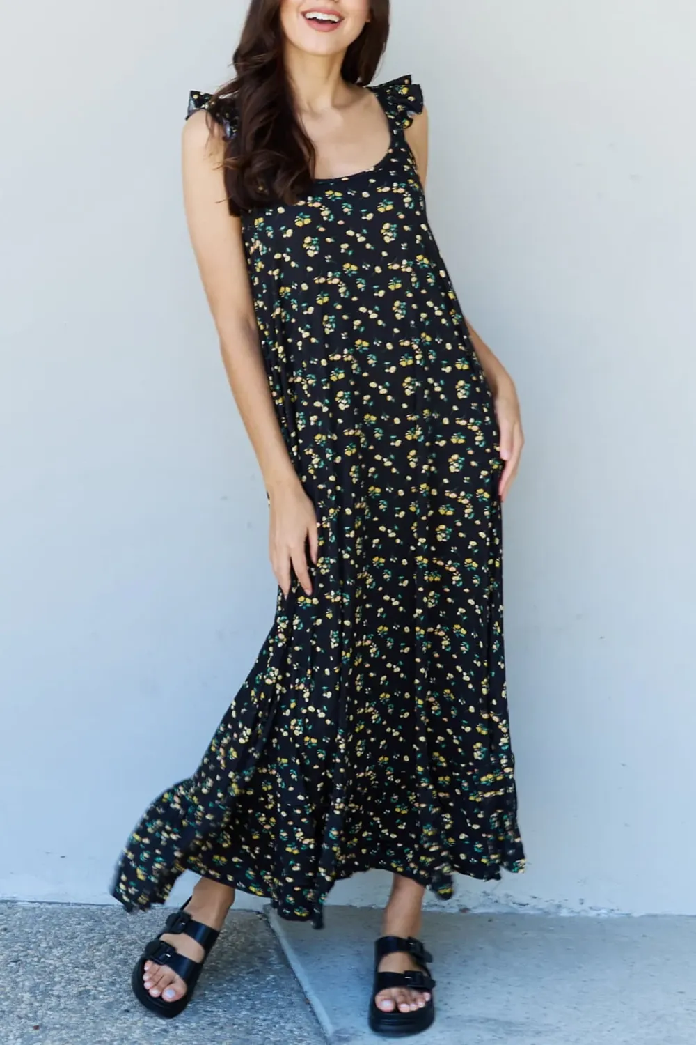 Elegant Black Temperament Floral Long Dress