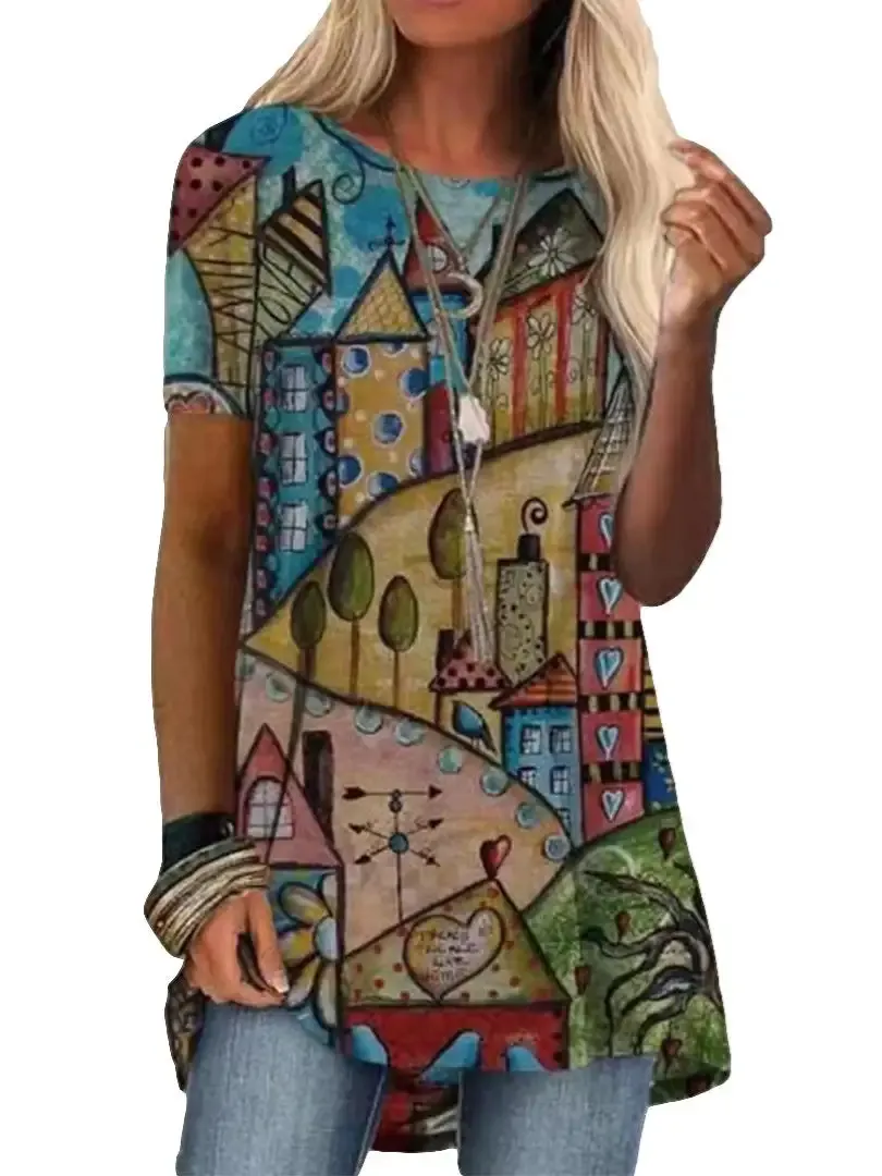 Women's Floral Printed Short Sleeve Scoop Neck Tops