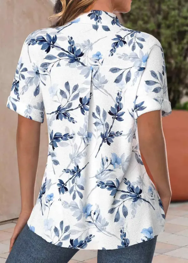 Light Blue Button Leaf Print Short Sleeve Blouse