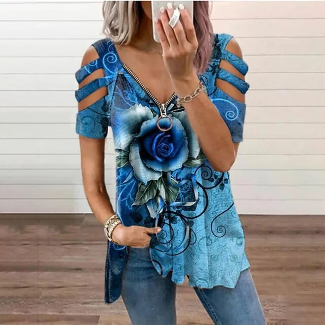 Women Tops T-Shirt Hollow-Out Shoulder Short Sleeve Casual Blouse Shirts Flower Print V-Neck Zipper Shirt