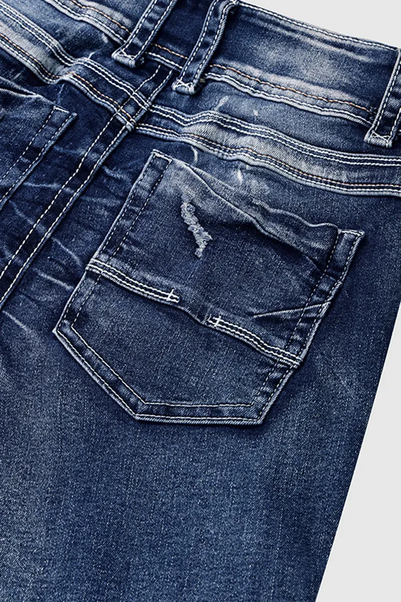 Ripped Contrast Stitch Mid Rise Bootcut Jeans