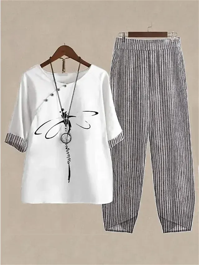 Women's Shirt Pants Sets Pants Trousers Basic White Pink Holiday Weekend Graphic Striped Print Round Neck S M L XL 2XL