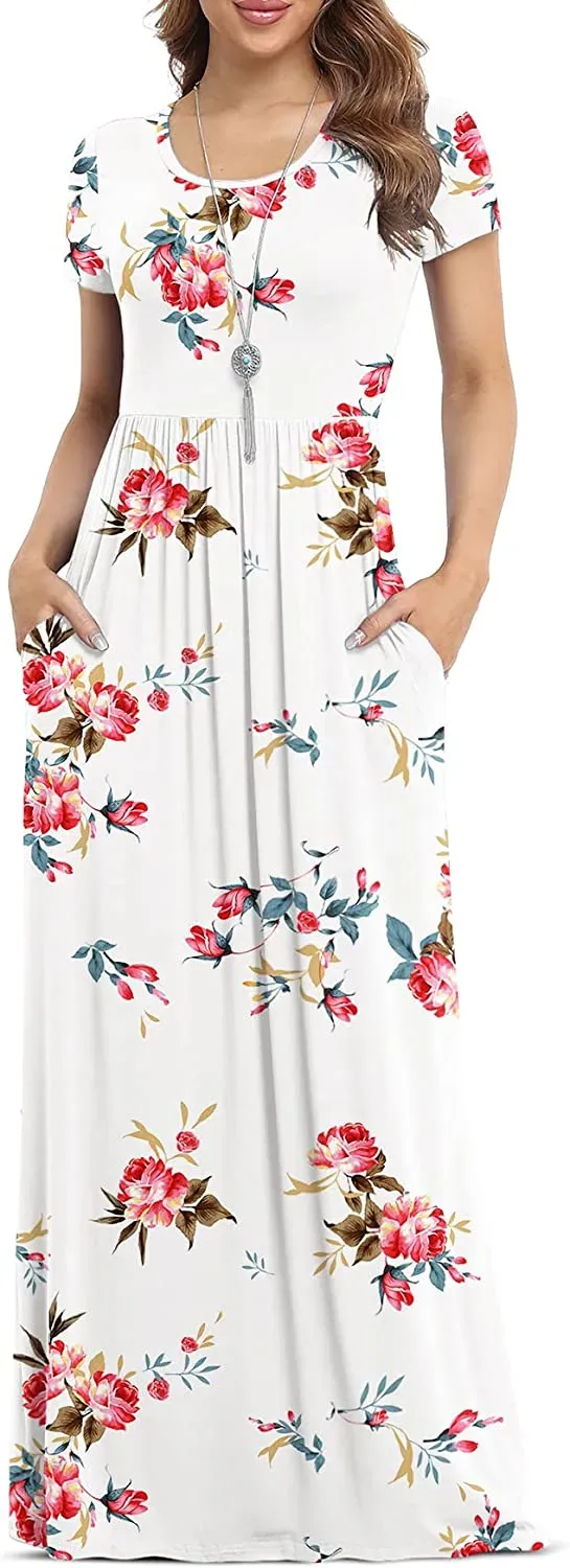 Women's Short Sleeve Loose Plain Maxi Dresses Casual Long Dresses with Pockets